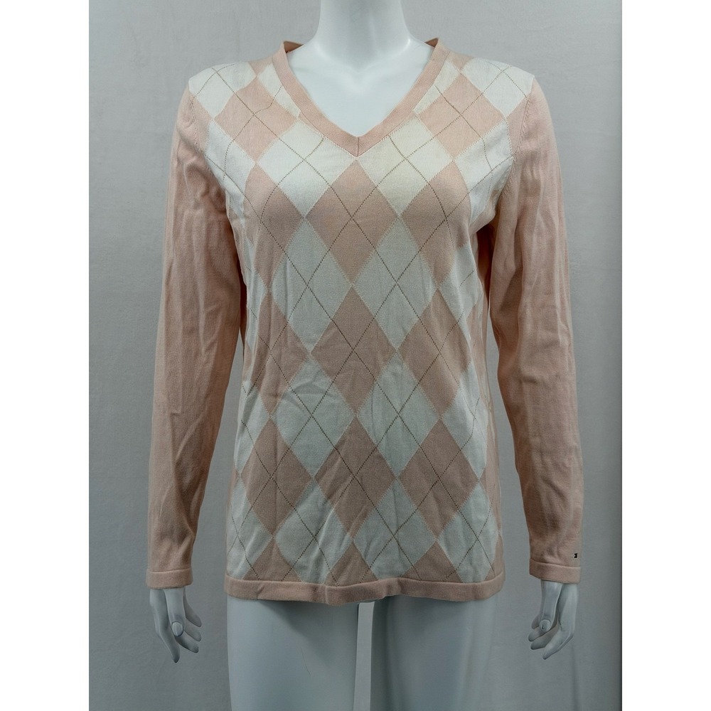 Tommy Hilfiger Sweater Womens Large Pink Peach Argyle V-Neck Tennis Prep Pastel